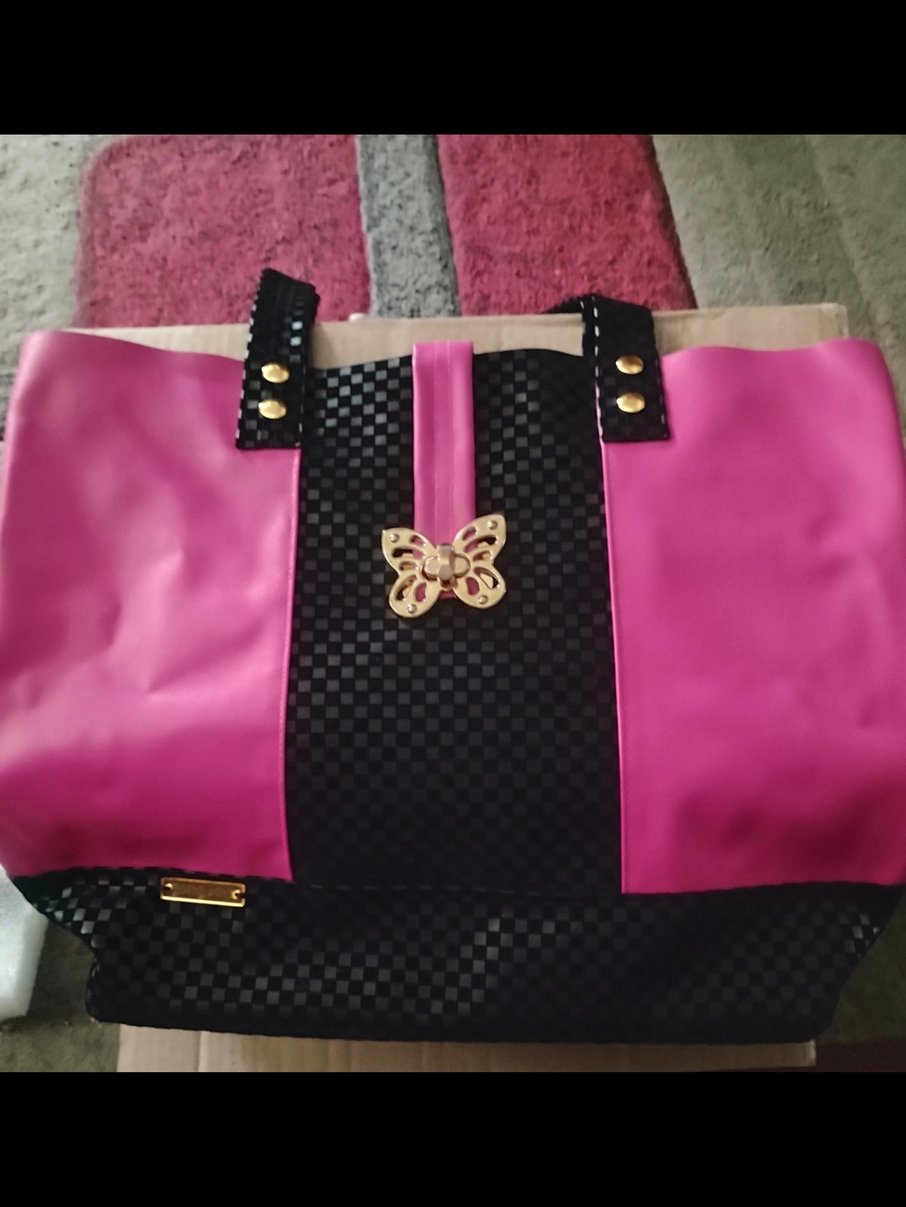 Pink and Black Tote with Gold Butterfly Accent - Women's Tote Bag